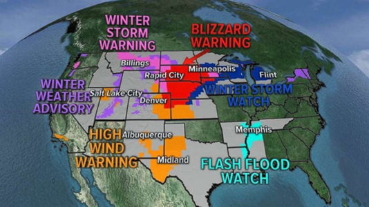 Massive storm system bringing heavy snow to Northern Plains, severe storms to South