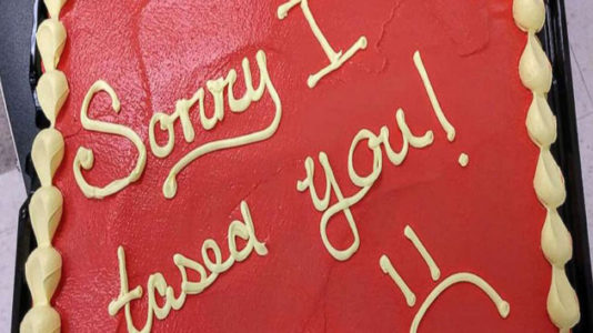 ‘Sorry I tased you!’: Police officer apologizes to firefighter with cake
