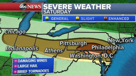 Severe weather stretches from Great Lakes to Northeast on Saturday