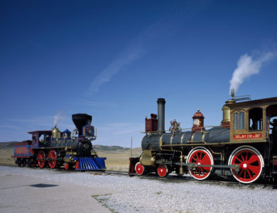 A meeting of the engines at the Golden Spike National Historic Site, where the Union Pacific and Central Pacific Railroads came together in on May 10, 1869.