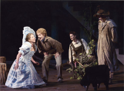 (L-R) Jennifer Stewart, Katie MacNichol, 
Edelen McWilliams and Michael Wrynn in The Old Globe's 2004 Shakespeare Festival production of As You Like It, by William Shakespeare, directed by Karen Carpenter, playing in repertory in the Lowell Davies Festival Theatre July 9 through October 1. Photo by Craig Schwartz.