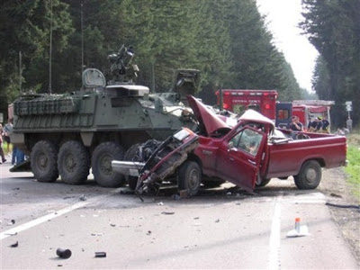 This picture provided by the Washington State Patrol shows an Army Stryker vehicle after a collision with a pickup truck on a public road near Spanaway, Wash., near Fort Lewis, Wash. The pickup truck driver was killed. (AP Photo/Washington State Patrol)