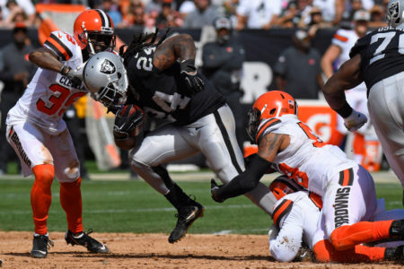 Oakland Raiders' Marshawn Lynch (24) runs with the ball against the Cleveland Browns in the first quarter of their NFL game at the Coliseum in Oakland, Calif. on Sunday, Sept. 30, 2018. (Jose Carlos Fajardo/Bay Area News Group)