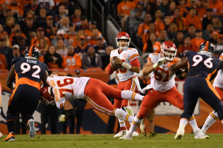 DENVER, CO - OCTOBER 1: Patrick Mahomes (15) of the Kansas City Chiefs looks to throw during the second quarter against the Denver Broncos. The Denver Broncos hosted the Kansas City Chiefs at Broncos Stadium at Mile High in Denver, Colorado on Monday, October 1, 2018. (Photo by AAron Ontiveroz/The Denver Post)
