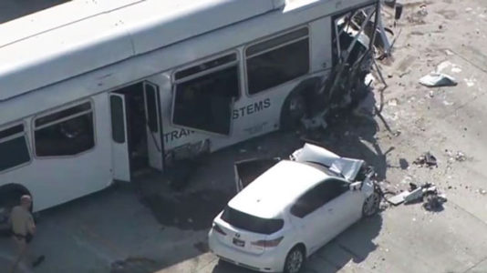 Over two dozen injured as bus plows into car on Los Angeles freeway