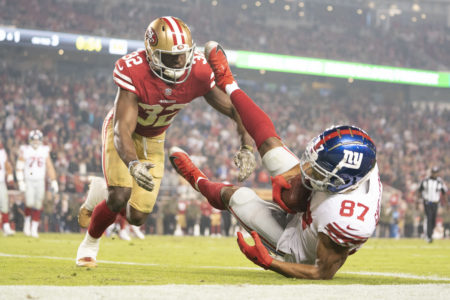November 12, 2018; Santa Clara, CA, USA; New York Giants wide receiver Sterling Shepard (87) catches the game-winning touchdown pass against San Francisco 49ers free safety D.J. Reed (32) during the fourth quarter at Levi's Stadium. Mandatory Credit: Kyle Terada-USA TODAY Sports