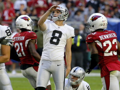 Oakland Raiders kicker Daniel Carlson (8) watches his 49-yard field goal split the uprights against the Arizona Cardinals during the second half of an NFL football game, Sunday, Nov. 18, 2018, in Glendale, Ariz. (AP Photo/Rick Scuteri)
