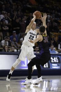 Passing to his point guard Brock Miller reaches over the Northern Iowa player Wednesday November 28, 2018. Utah State defeated Nothern Iowa 71-52.