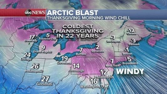 Arctic blast producing coldest Thanksgiving in decades