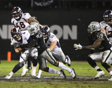 OAKLAND, CO - DECEMBER 24: Denver Broncos quarterback Case Keenum (4) gets sacked by Oakland Raiders free safety Karl Joseph (42)  in the second quarter at the Oakland Alameda Coliseum December 24, 2018. (Photo by Andy Cross/The Denver Post)