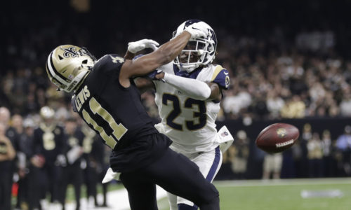 Los Angeles Rams' Nickell Robey-Coleman breaks up a pass intended for New Orleans Saints' Tommylee Lewis during the second half of the NFL football NFC championship game, Sunday, Jan. 20, 2019, in New Orleans. (AP Photo/Gerald Herbert)