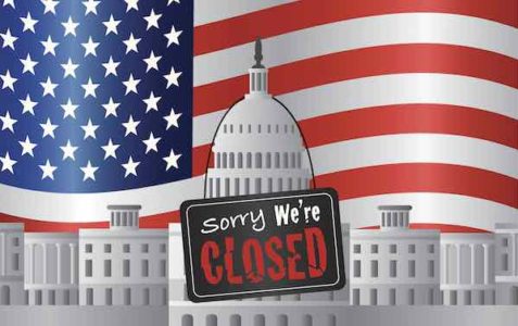 Washington DC US Capitol Building with We are Closed Sign on US American Flag Background Vector Illustration
