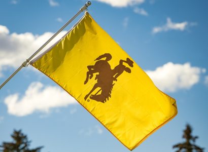Campus during the fall. UW flag in Prexy's Pasture in front of cottonwoods in fall color. Blue sky. Big clouds.