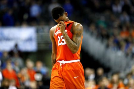 OMAHA, NE - MARCH 23: Frank Howard #23 of the Syracuse Orange reacts as his team loses to the Duke Blue Devils in the 2018 NCAA Men's Basketball Tournament Midwest Regional at CenturyLink Center on March 23, 2018 in Omaha, Nebraska. The Duke Blue Devils defeated the Syracuse Orange 69-65.  (Photo by Jamie Squire/Getty Images)