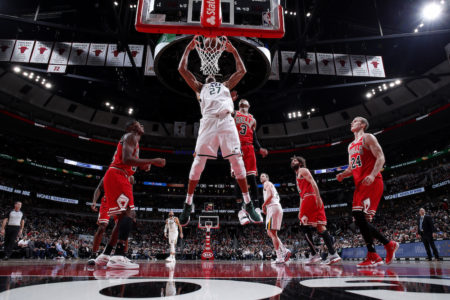 CHICAGO, IL - MARCH 23: Rudy Gobert #27 of the Utah Jazz dunks the ball against the Chicago Bulls on March 23, 2019 at United Center in Chicago, Illinois. NOTE TO USER: User expressly acknowledges and agrees that, by downloading and or using this photograph, User is consenting to the terms and conditions of the Getty Images License Agreement. Mandatory Copyright Notice: Copyright 2019 NBAE   Jeff Haynes/NBAE via Getty Images/AFP