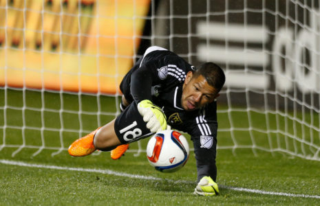 May 6, 2015; Sandy, UT, USA; Real Salt Lake goalkeeper Nick Rimando (18) makes the save on a penalty kick in the final seconds of their game against the Los Angeles Galaxy at Rio Tinto Stadium. Mandatory Credit: Jeff Swinger-USA TODAY Sports