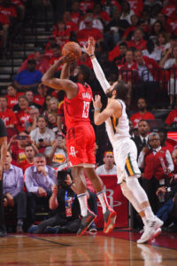 HOUSTON, TX - APRIL 24 : James Harden #13 of the Houston Rockets shoots the ball against the Utah Jazz during Game Five of Round One of the 2019 NBA Playoffs on April 24, 2019 at the Toyota Center in Houston, Texas. NOTE TO USER: User expressly acknowledges and agrees that, by downloading and or using this photograph, User is consenting to the terms and conditions of the Getty Images License Agreement. Mandatory Copyright Notice: Copyright 2019 NBAE (Photo by Bill Baptist/NBAE via Getty Images)