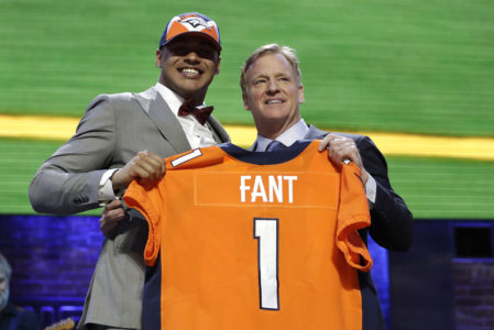 Iowa tight end Noah Fant poses with NFL Commissioner Roger Goodell after the Denver Broncos selected Fant in the first round at the NFL football draft, Thursday, April 25, 2019, in Nashville, Tenn. (AP Photo/Mark Humphrey)