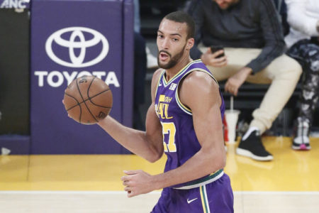 LOS ANGELES, CA - APRIL 7: Rudy Gobert (27) of the Utah Jazz brings the ball up court during a game against the Los Angeles Lakers on April 7, 2019 at STAPLES Center in Los Angeles, California. NOTE TO USER: User expressly acknowledges and agrees that, by downloading and/or using this Photograph, user is consenting to the terms and conditions of the Getty Images License Agreement. Mandatory Copyright Notice: Copyright 2019 NBAE (Photo by Chris Elise/NBAE via Getty Images)
