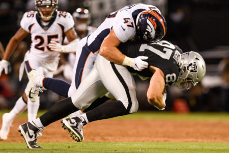 OAKLAND, CO - SEPTEMBER 9: Josey Jewell (47) of the Denver Broncos tackles Foster Moreau (87) of the Oakland Raiders during the first quarter on Monday, September 9, 2019. (Photo by AAron Ontiveroz/The Denver Post)