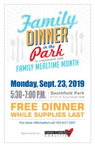Community Family Dinner in the Park is planned for Monday September 23rd.