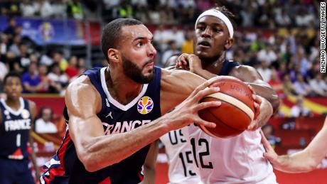 DONGGUAN, CHINA - SEPTEMBER 11: #27 Rudy Gobert of France drives during the quarter final of 2019 FIBA World Cup between USA and France at Dongguan Basketball Center on September 11, 2019 in Dongguan, China. (Photo by Zhizhao Wu/Getty Images)