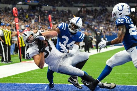 Oakland Raiders tight end Foster Moreau (87) makes a catch for a touchdown in front of Indianapolis Colts cornerback Rock Ya-Sin (34) during the first half of an NFL football game in Indianapolis, Sunday, Sept. 29, 2019. (AP Photo/AJ Mast)