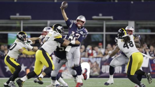 New England Patriots quarterback Tom Brady passes under pressure from Pittsburgh Steelers defenders T.J. Watt (90), Cameron Heyward (97) and Bud Dupree (48) in the first half an NFL football game, Sunday, Sept. 8, 2019, in Foxborough, Mass. (AP Photo/Steven Senne)