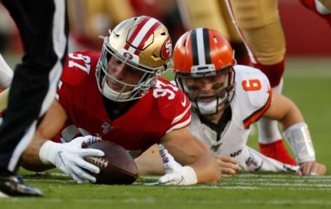 SANTA CLARA, CA - OCTOBER 7: San Francisco 49ers' Nick Bosa (97) recovers a fumble against Cleveland Browns starting quarterback Baker Mayfield (6) in the first quarter at Levi's Stadium in Santa Clara, Calif., on Monday, Oct. 7, 2019. (Nhat V. Meyer/Bay Area News Group)