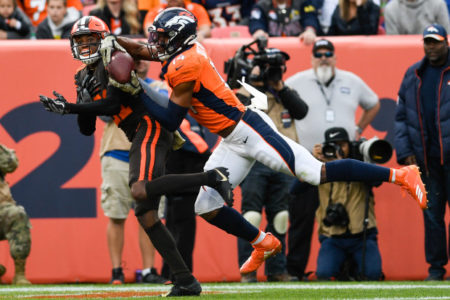 DENVER, CO - NOVEMBER 3: Courtland Sutton (14) of the Denver Broncos catches a touchdown over Denzel Ward (21) of the Cleveland Browns during the first quarter on Sunday, November 3, 2019. (Photo by AAron Ontiveroz/The Denver Post)