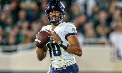 Aug 31, 2018; East Lansing, MI, USA; Utah State Aggies quarterback Jordan Love (10) looks to throw the ball during the second half of a game against the Michigan State Spartans at Spartan Stadium. Mandatory Credit: Mike Carter-USA TODAY Sports