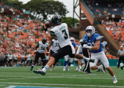 2019 December 24 SPT - Honolulu Star-Advertiser photo by Jamm Aquino/jaquino@staradvertiser.com

Hawaii wide receiver Jason-Matthew Sharsh (3) hauls in a pass for a touchdown ahead of Brigham Young linebacker Max Tooley (31) during the first half of the 2019 SoFi Hawaii Bowl college football game on Tuesday, December 24, 2019 at Aloha Stadium in Honolulu, Hawaii.