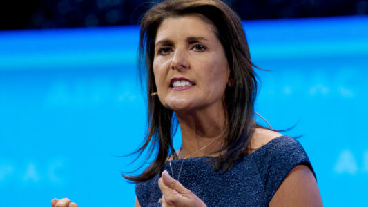 FILE - In this Monday, March 25, 2019 file photo, Former Ambassador to the U.N Nikki Haley speaks at the 2019 American Israel Public Affairs Committee (AIPAC) policy conference, at the Washington Convention Center in Washington. Former South Carolina Gov. Nikki Haley says in an interview that a man who gunned down nine worshipers at an African American church in 2015 ‘hijacked’ the ideals many connected to the Confederate battle flag. Haley said that the flag had meant service, sacrifice and heritage to some. (AP Photo/Jose Luis Magana, File)