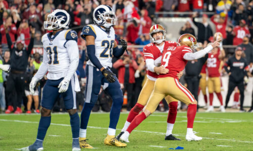 December 21, 2019; Santa Clara, California, USA; San Francisco 49ers kicker Robbie Gould (9) celebrates after making the game-winning field goal out of the hold by punter Mitch Wishnowsky (6) during the third quarter against the Los Angeles Rams at Levi's Stadium. Mandatory Credit: Kyle Terada-USA TODAY Sports