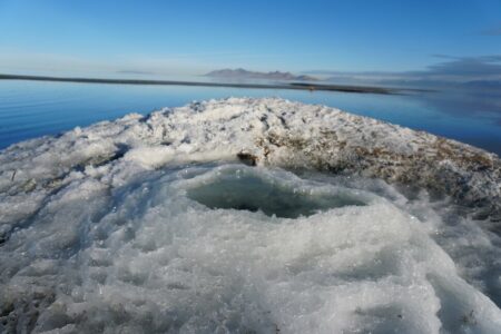 Rare salt formations appear along the Great Salt Lake