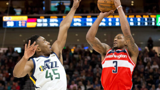 Dec 4, 2017; Salt Lake City, UT, USA; Washington Wizards guard Bradley Beal (3) shoots the ball against Utah Jazz guard Donovan Mitchell (45) during the first half at Vivint Smart Home Arena. Mandatory Credit: Russ Isabella-USA TODAY Sports