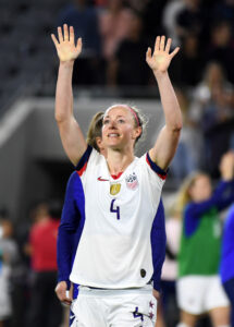 Apr 7, 2019; Los Angeles, CA, USA; USA defender Becky Sauerbrunn (4) waves the crowd after an International Friendly against Belgium at Banc of California Stadium. The United States defeated Belgium 6-0. Mandatory Credit: Kirby Lee-USA TODAY Sports