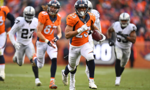 Jan 1, 2017; Denver, CO, USA; Denver Broncos running back Devontae Booker (23) rushes for a touchdown in the first half against the Oakland Raiders at Sports Authority Field. Mandatory Credit: Ron Chenoy-USA TODAY Sports