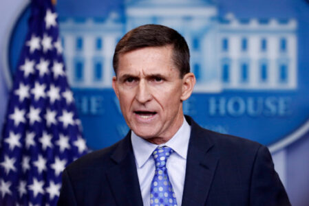 FILE - In this Feb. 1, 2017 file photo, National Security Adviser Michael Flynn speaks during the daily news briefing at the White House, in Washington. The Justice Department says it will not oppose probation for former Trump administration national security adviser Michael Flynn.  (AP Photo/Carolyn Kaster)