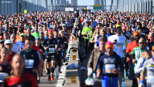 Runners cross the Verrazzano-Narrows Bridge during the 2019 TCS New York City Marathon in New York on November 3, 2019. (Photo by Johannes EISELE / AFP) (Photo by JOHANNES EISELE/AFP via Getty Images)
