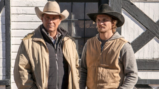 As Kayce (R-Luke Grimes) feels the heat from tribal police, his father John Dutton (L-Kevin Costner) makes a play to keep him and his family at the Yellowstone Ranch.