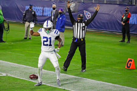 Indianapolis Colts running back Nyheim Hines celebrates after scoring a touchdown against the Tennessee Titans in the first half of an NFL football game Thursday, Nov. 12, 2020, in Nashville, Tenn. (AP Photo/Ben Margot)