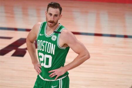 Sep 19, 2020; Lake Buena Vista, Florida, USA; Boston Celtics forward Gordon Hayward (20) reacts during the first half of game three of the Eastern Conference Finals of the 2020 NBA Playoffs against the Miami Heat at ESPN Wide World of Sports Complex. Mandatory Credit: Kim Klement-USA TODAY Sports