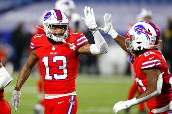 Buffalo Bills wide receiver Gabriel Davis (13) celebrates after taking a pass from Josh Allen for a touchdown during the second half of an NFL football game against the Pittsburgh Steelers in Orchard Park, N.Y., Sunday, Dec. 13, 2020. (AP Photo/Jeffrey T. Barnes )
