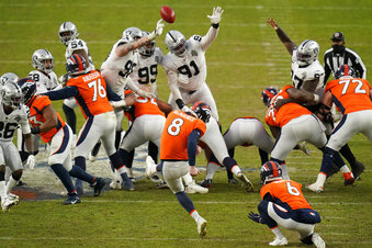 Las Vegas Raiders block a field goal attempt by Denver Broncos kicker Brandon McManus (8) during the first half of an NFL football game, Sunday, Jan. 3, 2021, in Denver. (AP Photo/Jack Dempsey)