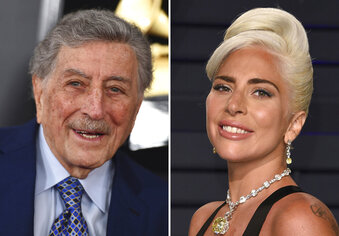 In this combination photo, Tony Bennett, left, arrives at the 61st annual Grammy Awards on Feb. 10, 2019, in Los Angeles and Lady Gaga arrives at the Vanity Fair Oscar Party on Feb. 24, 2019, in Beverly Hills, Calif. The two music superstars will share the stage this summer when Tony Bennett and Lady Gaga team up for two nights at Radio City Music Hall in New York. "One Last Time: An Evening with Tony Bennett and Lady Gaga" will open on Aug. 3, 2021, which is Bennett's 95th birthday. A second performance is set for Aug. 5. (Photo by Jordan Strauss, left, and Evan Agostini/Invision/AP)