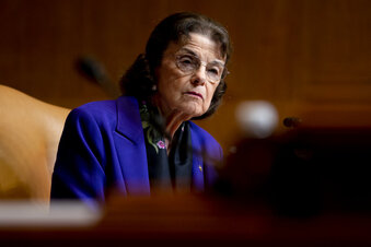 FILE - In this June 9, 2021, file photo Sen. Dianne Feinstein, D-Calif., attends a Senate Appropriations Subcommittee on Commerce, Justice, Science, and Related Agencies hearing, on Capitol Hill in Washington. Feinstein is calling on federal land managers to conduct an investigation to determine how many of the wild horses captured on public lands in the U.S. West end up at slaughterhouses. (Stefani Reynolds/The New York Times via AP, Pool, File)