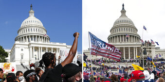In this combination of photos, demonstrators, left, protest June 4, 2020, in front of the U.S. Capitol in Washington, over the death of George Floyd and on Jan. 6, 2021, supporters of President Donald Trump rally at same location. Some charged in the Jan. 6 riot at the U.S. Capitol as well as their Republican allies claim the Justice Department is treating them harshly because of their political views. They also say those arrested during last year’s protests over racial injustice were given leniency. Court records tell a different story. An Associated Press review of court documents in more than 300 federal cases stemming from the protests sparked by George Floyd’s death last year shows that dozens of people charged have been convicted of serious crimes and sent to prison. (AP Photos)