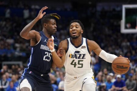 Mitchell, Jazz win opener 99-93 as Mavs play without Doncic