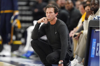 FILE - Utah Jazz head coach Quin Snyder looks on in the first half of Game 4 of an NBA basketball first-round playoff series, against the Dallas Mavericks, April 23, 2022, in Salt Lake City. Snyder resigned Sunday, June 5, 2022, as coach of the Jazz, ending an eight-year run where the team won nearly 60% of its games but never got past the second round of the playoffs. (AP Photo/Rick Bowmer, File)